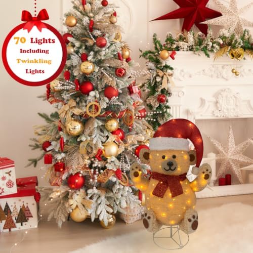 Lighted Christmas Bear Decorations, Pop-Up Bear Outdoor Yard Woodland Christmas Decor Prelit 70 Lights, Collapsible Lighted Bear Wears Santa Hat for Home Porch Yard Christmas Valentines Day-Brown