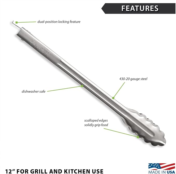 Rada Cutlery 2-Piece 9" and 12" Heavy-Duty Tongs Set (B313 + B314) | Scalloped Edges, Stainless Steel