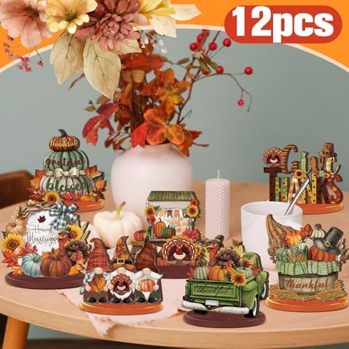 Leinuosen 12 Pcs Fall Decorations for Home Wooden Turkey Decor Thanksgiving Table Decorations Fall Centerpiece Maple Leaves Pumpkin Turkey Wooden Block Sign for Harvest Party Home Tiered Tray