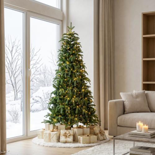 Glitzhome Prelit Christmas Tree, 6ft Slim Christmas Tree, Hinged Artificial Tree Radiant Evergreen Fir with 250 Warm White/Multi-Color LED Lights,9 Function w/Remote Control,Easy Assembly