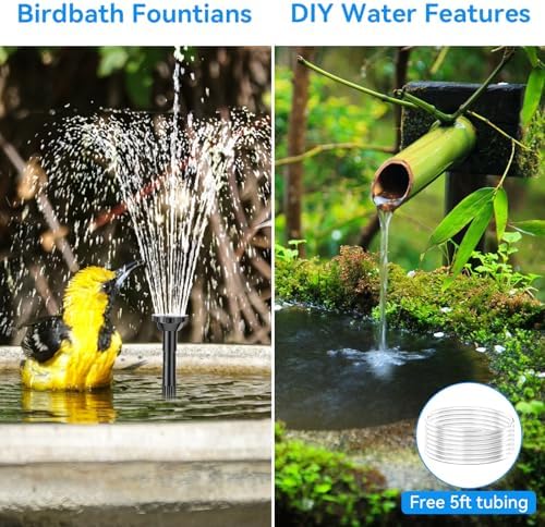 POPOSOAP 6.5W Solar Fountain Pump for Bird Bath Built-in 3000mAh Battery Backup, DIY Solar Water Fountain with Double-Layer Nozzles & Dry-Run Protection 5Ft Tubing for Ponds, Bird Bath, Water Features