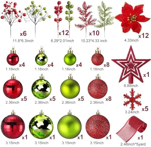 Sratte 94 Pcs Christmas Tree Ornaments Decoration Set, Green,Red