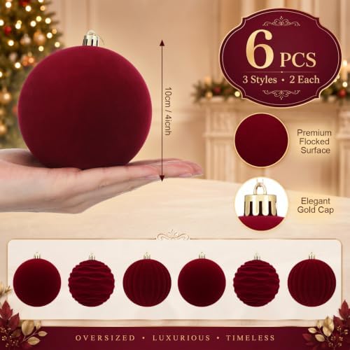 Hollowfly 6 pcs 4 Inch Burgundy Red Large Velvet Christmas Balls Ornaments