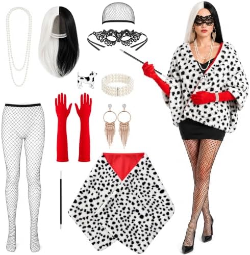 10 Pcs Black White Spotted Villain Costume for Women, Dalmatian Shawl Set