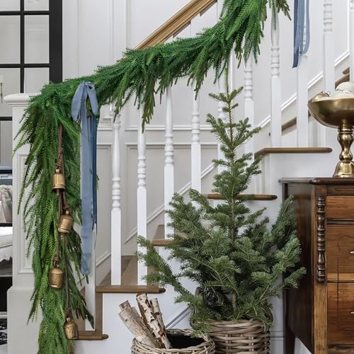 Christmas Decorations - Christmas Garland - 6 Ft Norfolk Pine Garland - Artificial Greenery Garland - Rustic Christmas Decor for Mantle Fireplace Stairs Railing Table Door Porch Indoor Outdoor