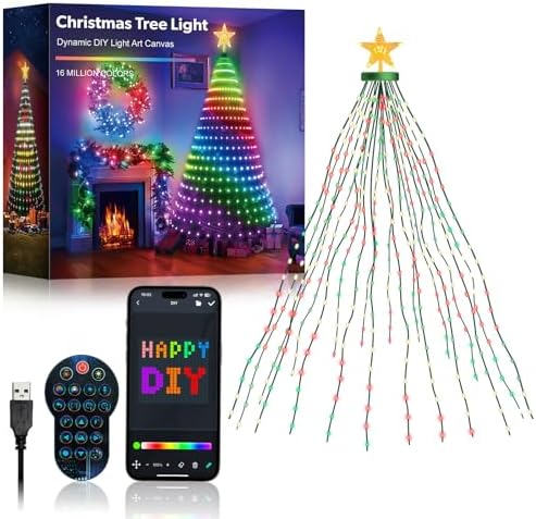 Super RGB Smart Christmas Tree Lights 6FT 400LED, DIY Color Changing Waterfall Xmas Tree Lights with Ring & Top-Star, Remote & APP Control, RGB-IC Dynamic String Light, Music Sync for Indoor Decor
