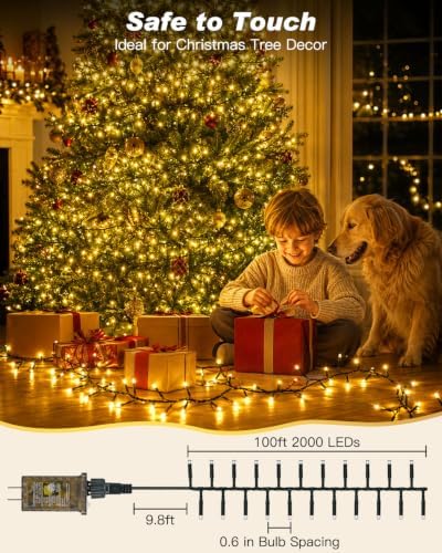 Iseebiz 100Ft 2000 LED Cluster Christmas Tree Lights with Remote & Timer