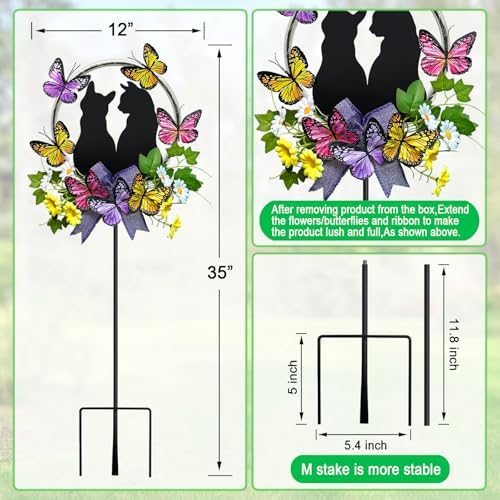 Cat Solar Light Outdoor Garden,Cat with Butterfly Flower Colorful LED Decor