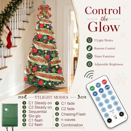6 Ft Pop up Christmas Tree,Collapsible Christmas Tree with Lights 200 LED Pre-Lit Christmas Trees Plug-in with Remote Timer 8 Lighting Modes for Outdoor Indoor Party Christmas Decor