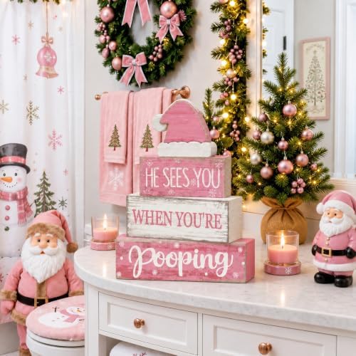 Moucuny 4 Pcs Funny Christmas Bathroom Decor Pink Santa Hat Wooden Signs
