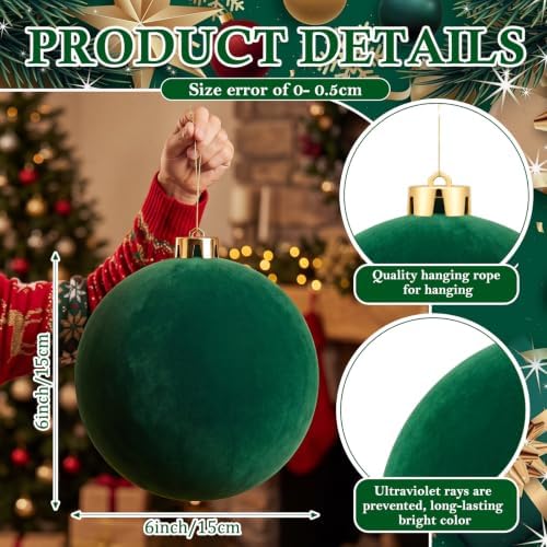 Threan 6 Inch Large Emerald Green Velvet Christmas Ball Ornaments