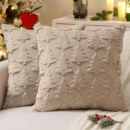 MIULEE Christmas Throw Pillow Covers Light Brown Christmas Decorations Set of 2 Xmas Tree 18x18 Pillow Covers Soft Plush Faux Wool Pillowcases Holiday Festivals Winter Home Decor Sofa Couch Bed Porch