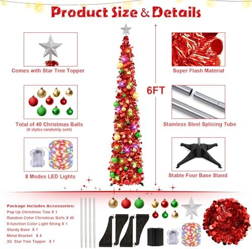 N&T NIETING Pop Up Christmas Tree with Lights & Ornaments, 6FT, Red