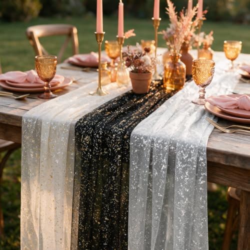 Artoid Mode 3PC Beige Black White Gauze Table Runner 120 Inch 10FT, Glitter Metallic Foil Sheer for Wedding Anniversary Holiday Birthday Home Party Decor