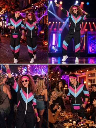 SOMSOC 80s Tracksuit for Men Women Halloween Costume Retro Windbreaker Set Neon 90s Outfit Couple Jogger Suit