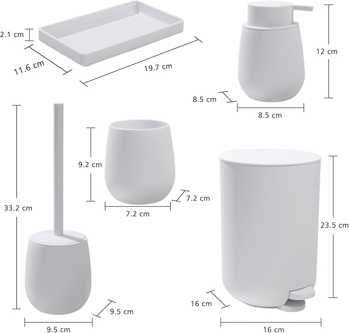GAHEFY White Bathroom Accessories Set with Small Trash Can 3 Liter/0.8 Gallon,Toothbrush Holder,Soap Dispenser,Vanity Tray,Toilet Brush and Holder White 5PCS