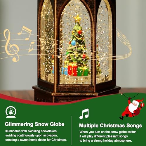 Christmas Snow Globe Lantern Water Glittering Christmas Tree Crown with Music, USB Lined/Battery Operated Lighted Lantern for Christmas Festival Decoration Gifts