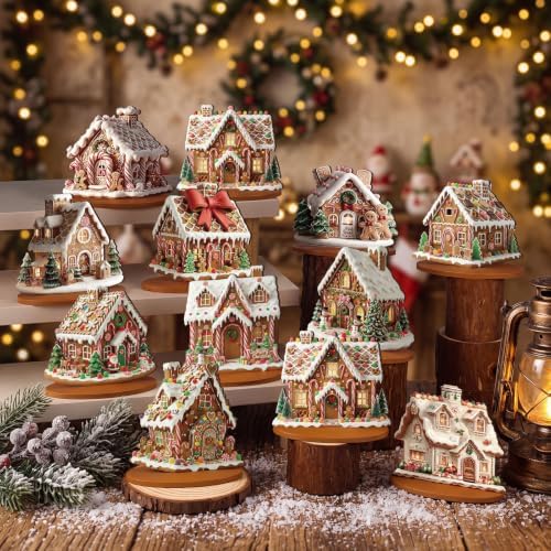 Leinuosen 12 Pcs Gingerbread Christmas Table Decoration Gingerbread House Tiered Tray Decor Wooden Ginger Bread Village Centerpiece Farmhouse Xmas Decor for Home Kitchen Coffee Bar Shelf Indoor