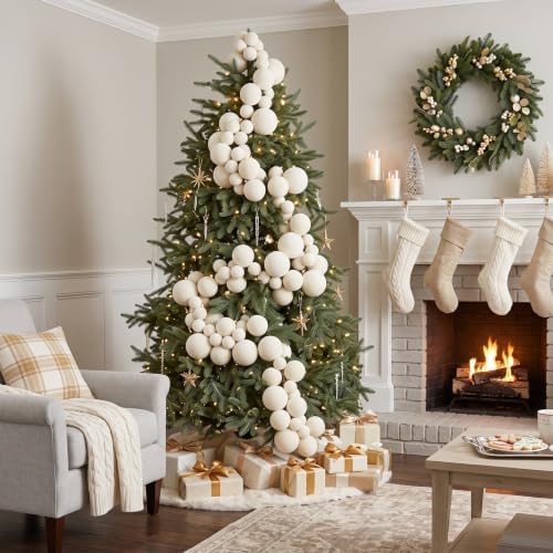 Thiccywoov 9 ft Velvet Christmas Ball Garland Ornament, Cream White