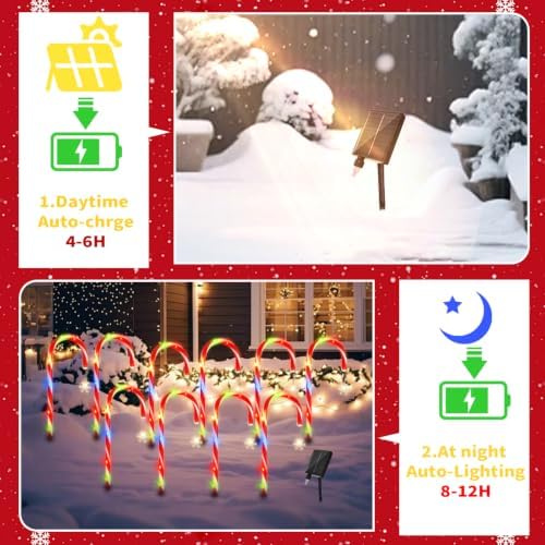 10 Pack Solar Candy Cane Pathway Lights, Multicolor Christmas Yard Decor
