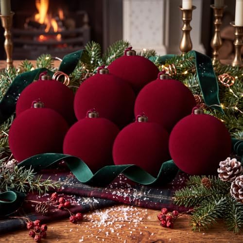 RoundFunny 8 Pcs 6 Inch Velvet Flocked Christmas Ball Ornaments, Burgundy