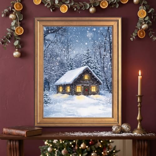Framed Snowy Cabin Canvas Print Gold Frame Wall Art Inch 24x36