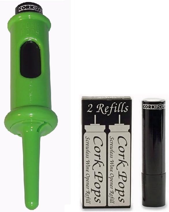 Cork Pops Original Wine Bottle Opener, 6.5 Inch – Made in USA, Effortless Push-Button Cork Removal, Includes Cartridge (Opens Up to 60 Bottles) (Green, 3 Cartridges)