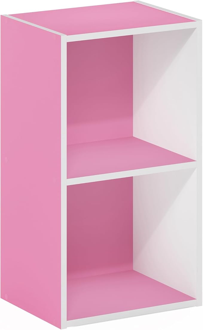Furinno PASIR Book Shelf, 2-Tier Modern Bookshelf, Open Shelves Bookcase 9 x 12 x 21, Easy Assembly, for Living Room, Bedroom, Home Office, Pink/White