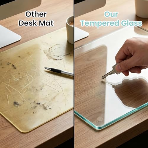 Tempered Glass Desk Pad 24" x 18" - Clear Non-Slip Office Desk Mat for Keyboard & Monitor, Easy to Clean Glass Writing Pad for Home & Work