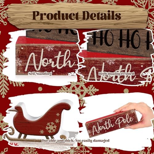 Moucuny 4 Pcs Christmas Wooden Block Signs Santa Reindeer Farmhouse Decor