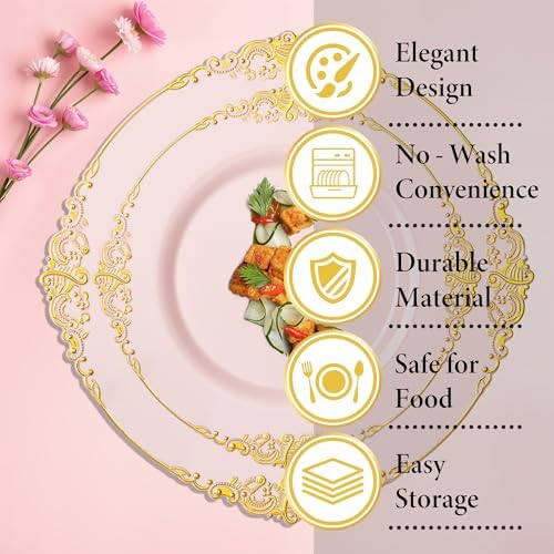 Nervure 175Pcs Pink Plastic Plates, Disposable Party Plates for 25 Guests