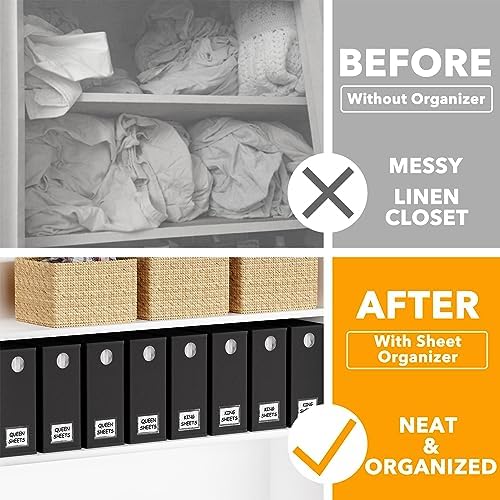 SpaceAid 8 Pack Bed Sheet Organizers and Storage, Foldable Sheet Organizer for Linen Closet, Sheets Set Folder Keeper with Window XL (Queen & King Size) Bedding Container (Black, 8 Pack)
