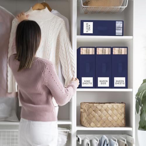 StorageTastic 8 Pack Bed Sheet Closet Organizers and Storage,Sturdy Foldable Storage Containers with Window and Label,Storage and Organization for Bedding Sheets,Duvet Covers,Blankets (Blue)