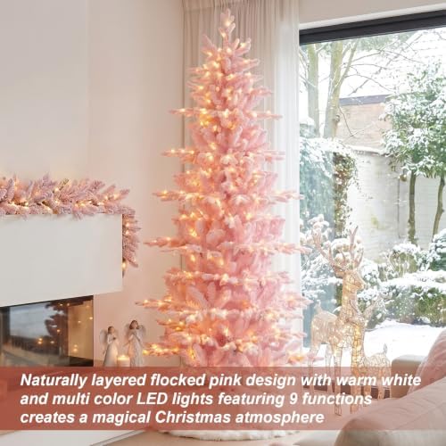 Glitzhome 7.5ft Prelit Artificial Christmas Tree, Slim Pink Frostfall Fir Xmas Tree with 360 Warm White & Multi-Color Lights, 1,486 Branch Tips, Flocked Christmas Tree for Indoor Holiday Spaces