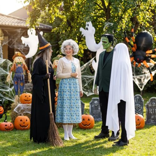 Halloween Old Lady Costume Set with Nightgown Grandma Dress and Coat