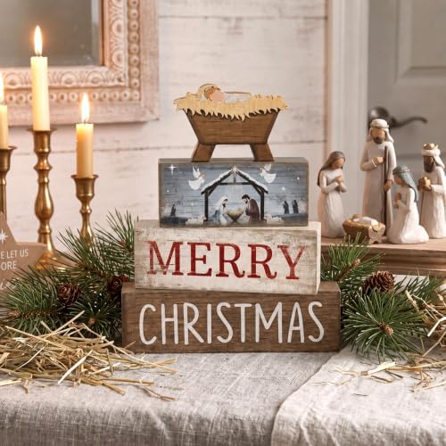 Lineshading 4 Pcs Christmas Table Decor, Wooden Nativity Manger Merry Signs