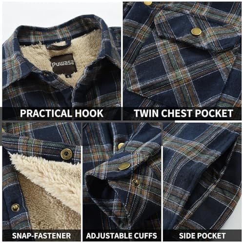 Men's Sherpa Cotton Flannel Shirt Jacket Plaid Button Coat Pocket
