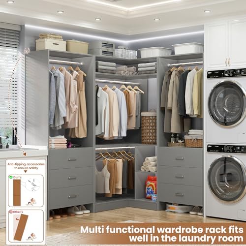 Aheaplus Closet System with 6 Drawers, 4 Hanging Rods & Corner Tower, Corner Closet System with Hanging,80.9" L-Shaped Walk-In Wardrobe Organizer, 2000+ lbs Capacity, Set of 3, Grey