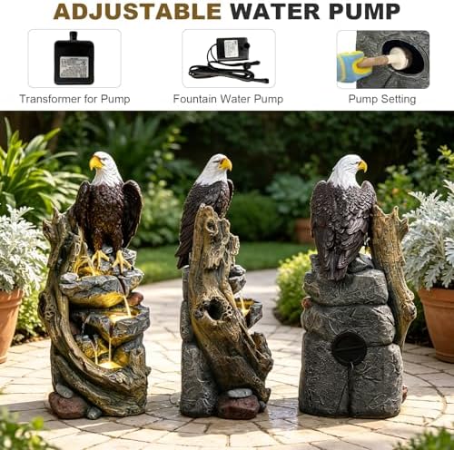 Bald Eagle Outdoor Fountain, 40.5" H Large Cascading Waterfall Feature