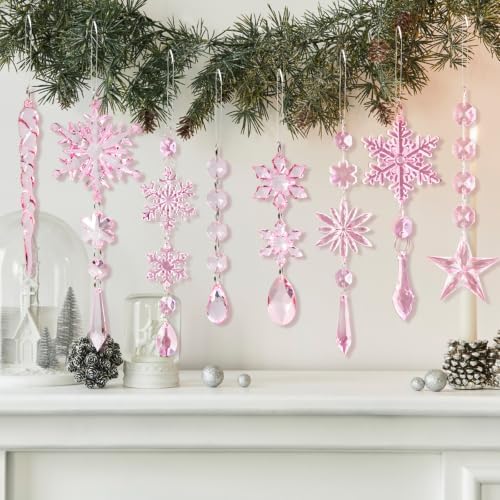 20pcs Crystal Christmas Ornaments for Christmas Tree Decorations-Light Pink Hanging Acrylic Snowflake and Icicle Ornaments with Drop Pendants for New Year Party Decorations Supplies