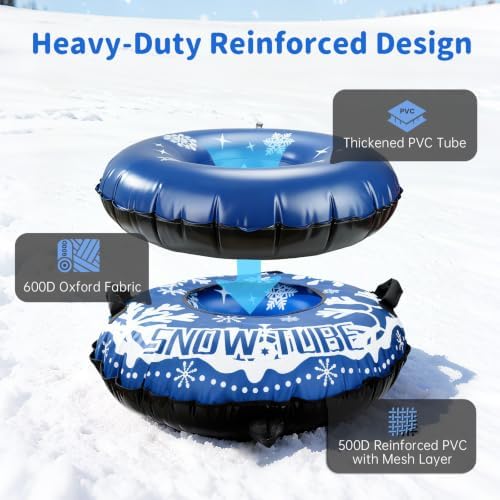 Snow Tube, Heavy Duty Inflatable Snow Sled with Reinforced Cover, Snow Sleds with Handles, Suspended Seat and Pull Rope for Winter Sledding