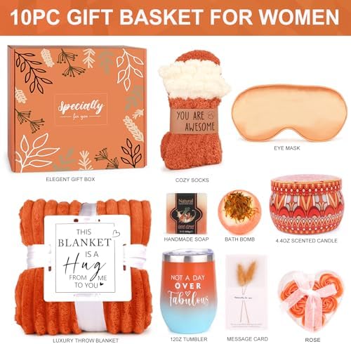 Fall Gifts for Women Orange, Fall Gift Basket, Halloween, Birthday Gifts for Mom Her Wife Friend w/FALL Candle Socks,Self Care Get Well Gift Spa Set, Teacher,Thanksgiving,Boo Basket Gift Box Cozy