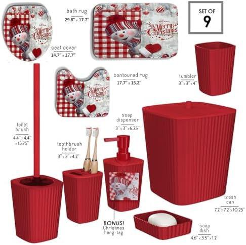 Clara Clark Bathroom Set - Christmas Bathroom Decor, Xmas Bathroom Accessories Set, 9PC Bathroom Accessory Set, Christmas Bathroom Sets with Bathroom Rugs, Toilet Brush, Trash Can & Soap Dispenser