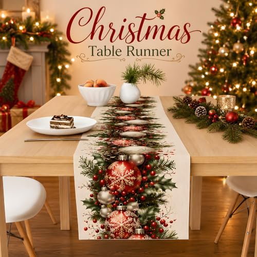 Christmas Decorations - Xmas Balls Snowflake Pine Cone Table Runner