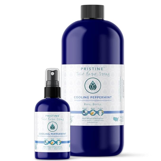 PRISTINE Toilet Paper Spray, As Seen on Shark Tank, Flushable Wipe Alternative, Personal Cleansing Bathroom Spray for Regular Toilet Tissue, Bidet Alternative, Made in USA, Cooling Peppermint, 1oz