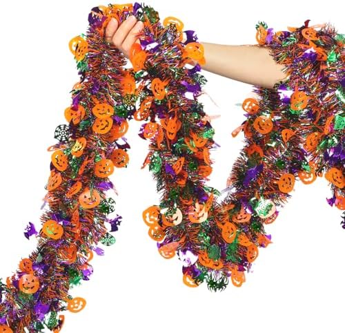 50 Ft Halloween Tinsel Garlands,Funny Pumpkin Bats Spider and Web Shiny Metallic Twist Foil Tinsel Garland Hanging Holiday Decorations for Home Indoor Outdoor Festivities Party Decor