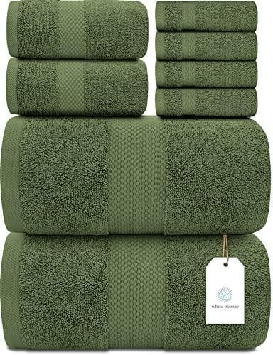 White Classic Luxury Bath Towel Set of 8 Pieces - 100% Turkish Cotton Highly Absorbent Towels for Bathroom, 2 Luxury Bath Towels 700GSM, 2 Hand Towels, 4 Washcloths, Forest Green