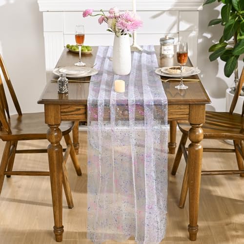 Artoid Mode 10PCS Colorful Gold Gauze Table Runner 120 Inch 10FT, Glitter Metallic Foil Sheer Dining Wedding Anniversary Holiday Birthday Table Decor for Home Party