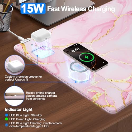 Pink Marble Mouse Pad with 15W Wireless Charging, 31.5"x15.8" in