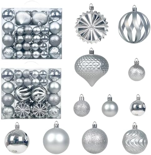 Christmas Tree Balls Ornaments Set, 48 Pcs Shatterproof Plastic Decorative Baubles Shiny Hanging Ball Ornaments for Xmas Tree Holiday Party Wedding Decoration, Silver